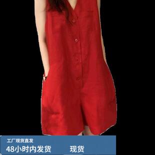 韩版时尚休闲红色v领连体裤女202季新款无袖宽松阔脚连衣短裤