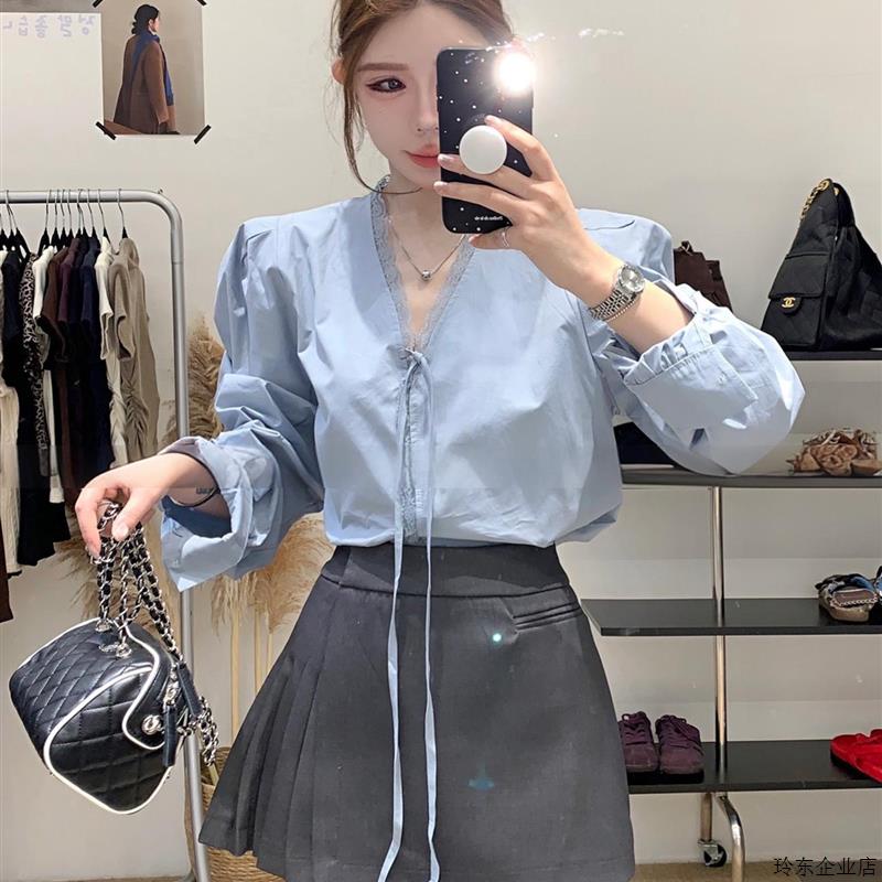 韩系领口蕾丝花边蓝色长袖衬衫女202早秋新款独特漂亮设计感上衣