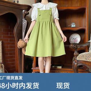 绿色背带裙套装女夏季日系甜美学院风白色娃娃领衬衫连衣裙两件套