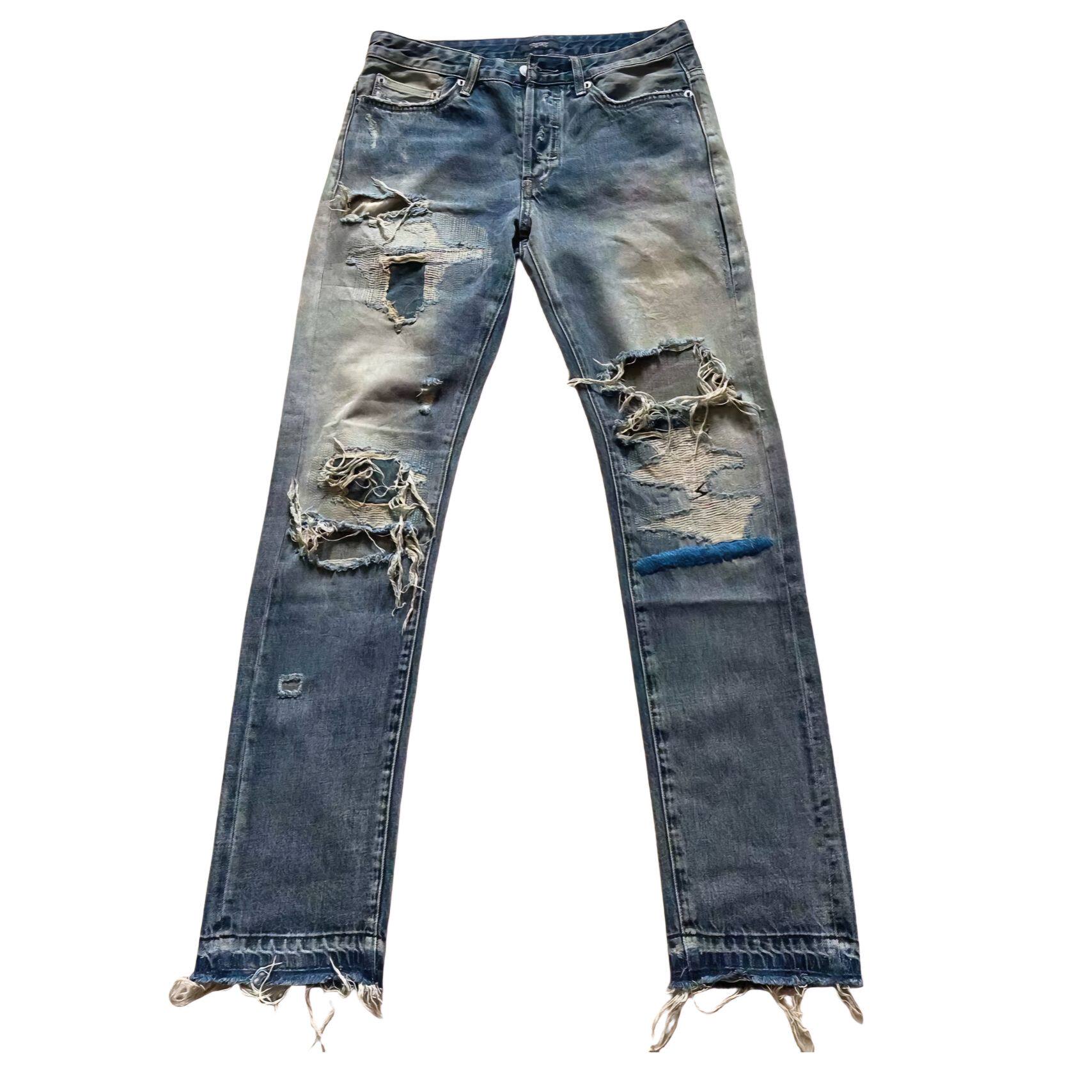 『当天发货』Undercover 10ss 68蓝线刺绣 水洗破洞糜烂牛仔裤UC
