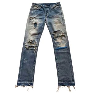 封神之作 水洗破洞糜烂牛仔裤 Undercover 68蓝线刺绣 10ss