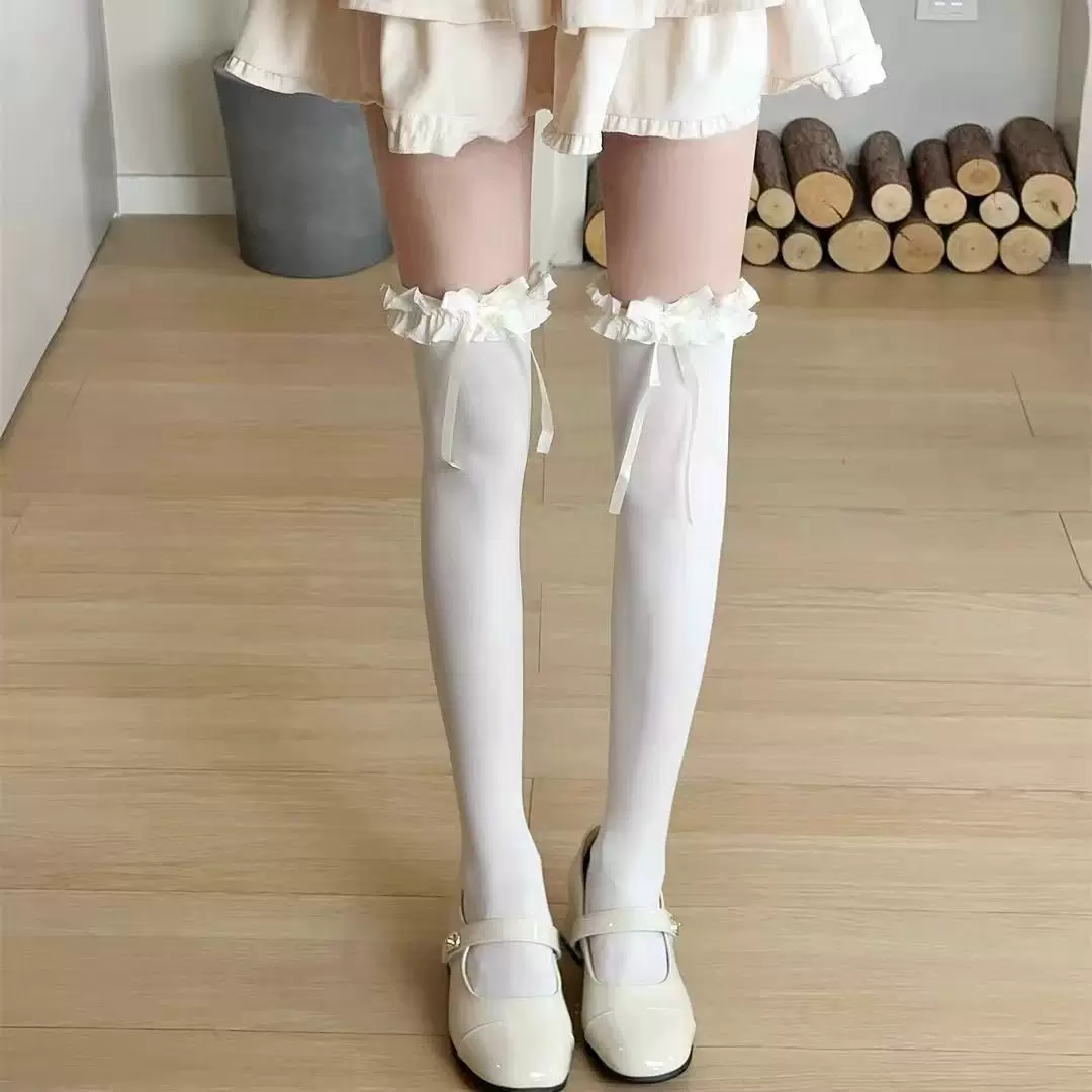 lolita白丝过膝袜女蝴蝶结蕾丝袜子春秋洛丽塔花边黑色奶白大腿袜