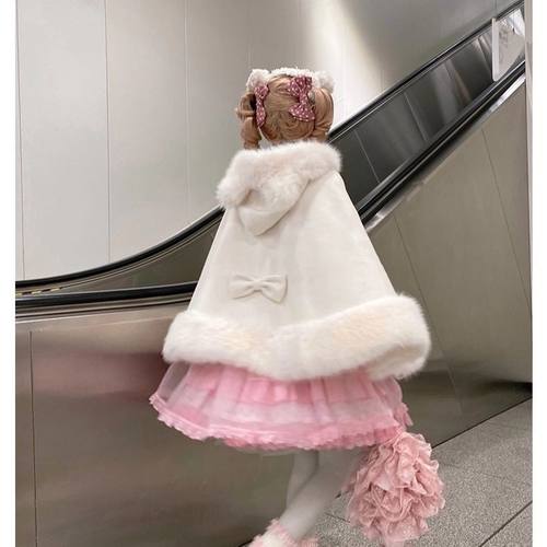 缝扣子的长耳兔喵喵球冬季斗篷超厚加绒可爱lolita披肩粉色斗篷