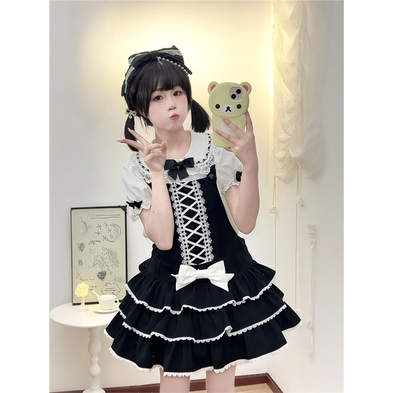 熊之古早昭和蛋糕裙可爱lolita公主洛丽塔背带三层裙摆背带裙