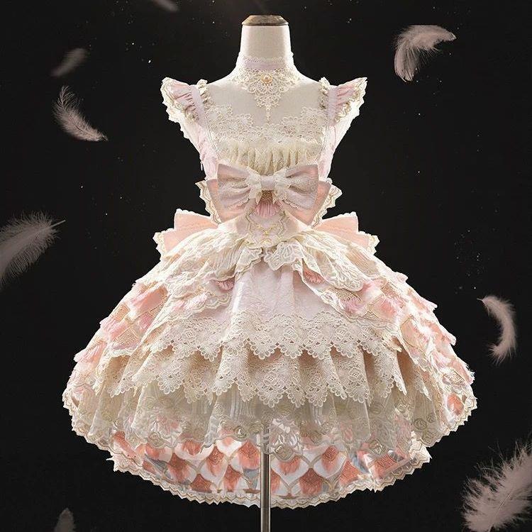 雀之羽lolita原创洋装jsk甜美花嫁重工连衣裙吊带日常拖尾洛丽塔
