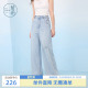 浅蓝宽松遮肉高腰阔腿直筒裤 新款 女夏季 紫涵破洞蝴蝶结印花牛仔裤