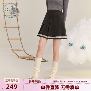 甜美蕾丝花边A字短裙子百搭 新款 紫涵学院风短款 高腰百褶裙女冬季