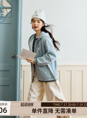 紫涵蓝色连帽抽绳卫衣外套女士冬季新款宽松简约通勤休闲拉链上衣