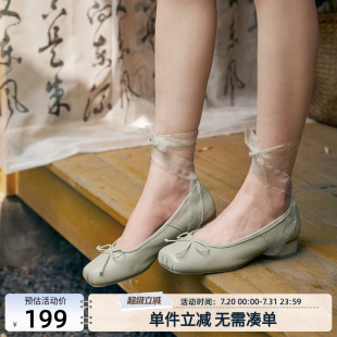 紫涵方頭豬鼻子芭蕾舞鞋 子 甜美絲帶蝴蝶結(jié)粗跟淺口瑪麗珍鞋 女新款