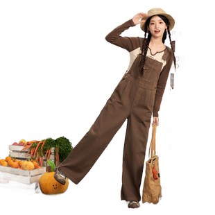 紫涵复古牛仔背带裤女秋季新款休闲宽松显瘦小个子纯棉连体直筒裤