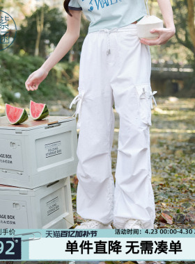 紫涵美式街头户外穿搭白色工装裤女士夏季新款蝴蝶结高腰直筒长裤