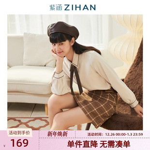 森系学院风打底宽松简约小个子上衣可单穿潮 女秋冬季 紫涵长袖 衬衫