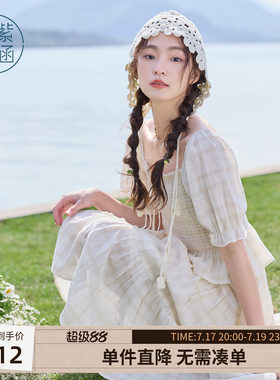 紫涵方领打揽娃娃衫女士夏季新款甜美减龄修身显瘦碎花泡泡袖小衫