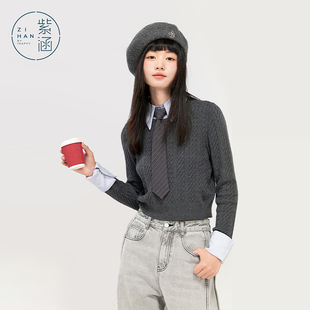 紫涵短款假两件衬衫领针织衫女冬季新款修身显瘦气质简约领带毛衣