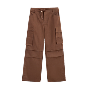 紫涵抽绳高腰阔腿工装裤女秋季新款通勤美式街头多口袋宽松伞兵裤