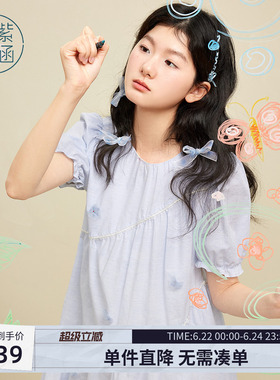 紫涵白色花朵泡泡袖连衣裙女夏季新款甜美减龄多巴胺a字娃娃裙子