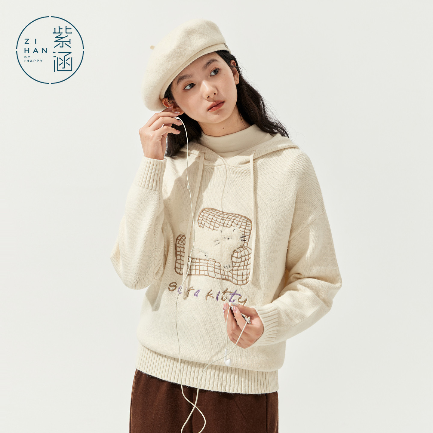紫涵系绳连帽套头针织衫女2025冬季新款猫咪贴布刺绣宽松内搭毛衫,女装/女士精品,毛针织衫,淘宝优惠券,粉丝福利购,淘宝优惠卷