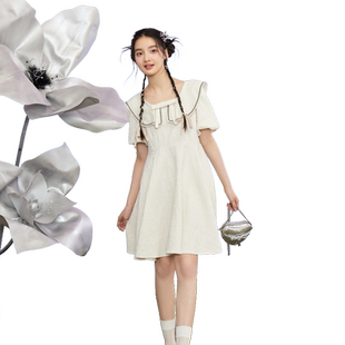 紫涵肌理娃娃领连衣裙女夏季新款甜美休闲减龄收腰泡泡袖A字短裙