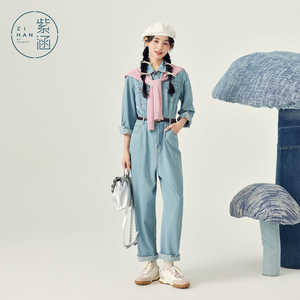 紫涵牛仔衬衫连体裤女2024年春季新款休闲时尚收腰排扣长袖连体衣