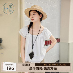 紫涵大圆领双层飞袖白色小衫女士夏季新款法式甜美轻薄蕾丝娃娃衫