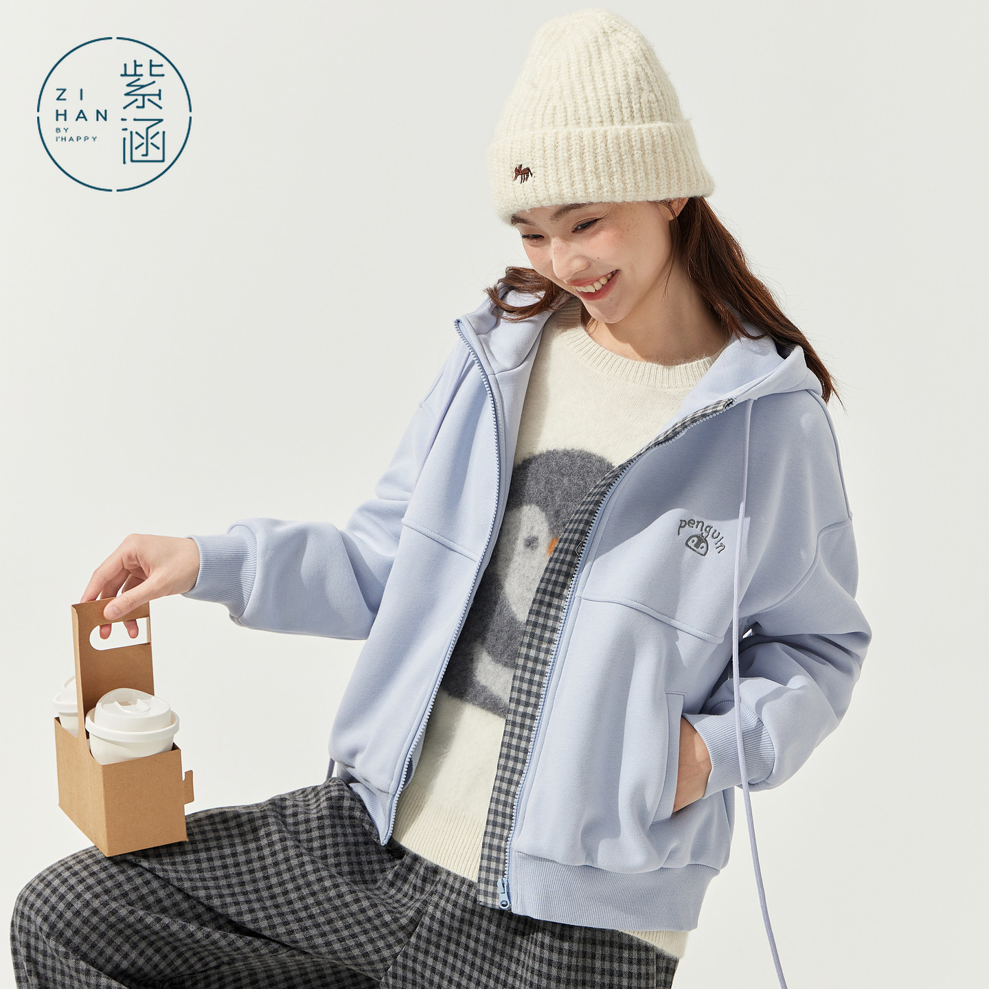 紫涵短款系绳连帽卫衣外套女2025年冬季新款企鹅刺绣宽松拉链上衣,女装/女士精品,短外套,淘宝优惠券,粉丝福利购,淘宝优惠卷