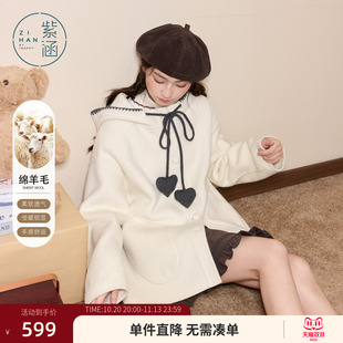紫涵短款连帽羊毛双面呢大衣女士冬季新款撞色休闲帽绳宽松呢外套