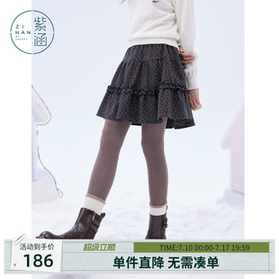 紫涵短款灰色波点半身裙女士冬季新款松紧高腰木耳边拼接a字短裙