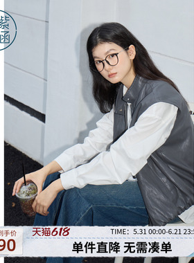 紫涵立领pu皮衣马甲女2026春季新款复古微皱宽松叠穿灰色马夹背心