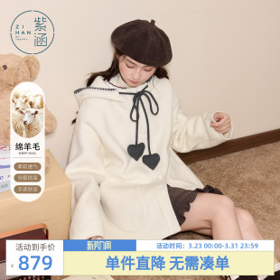 撞色帽绳宽松呢外套 新款 紫涵短款 连帽羊毛双面呢大衣女2025年冬季