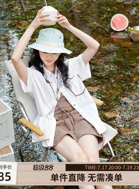 紫涵竖条纹短袖衬衫女士夏季新款美式户外风休闲百搭宽松白色上衣