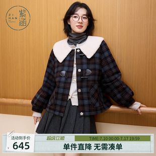 紫涵仿羊羔毛娃娃领短外套女冬季新款复古咖格牛角扣休闲宽松棉服