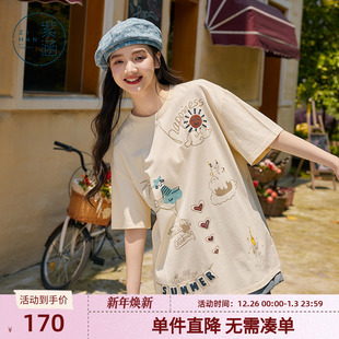 宽松纯棉圆领套头短袖 设计感时尚 上衣 新款 紫涵涂鸦印花T恤女夏季