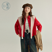 新款 女春秋季 休闲外搭100%纯棉宽松上衣 条纹披肩翻领衬衫 紫涵短款