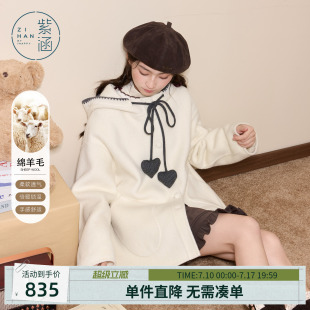 紫涵短款连帽羊毛双面呢大衣女士冬季新款撞色休闲帽绳宽松呢外套