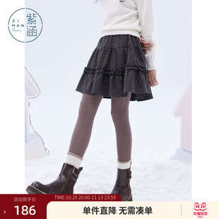 紫涵短款灰色波点半身裙女士冬季新款松紧高腰木耳边拼接a字短裙