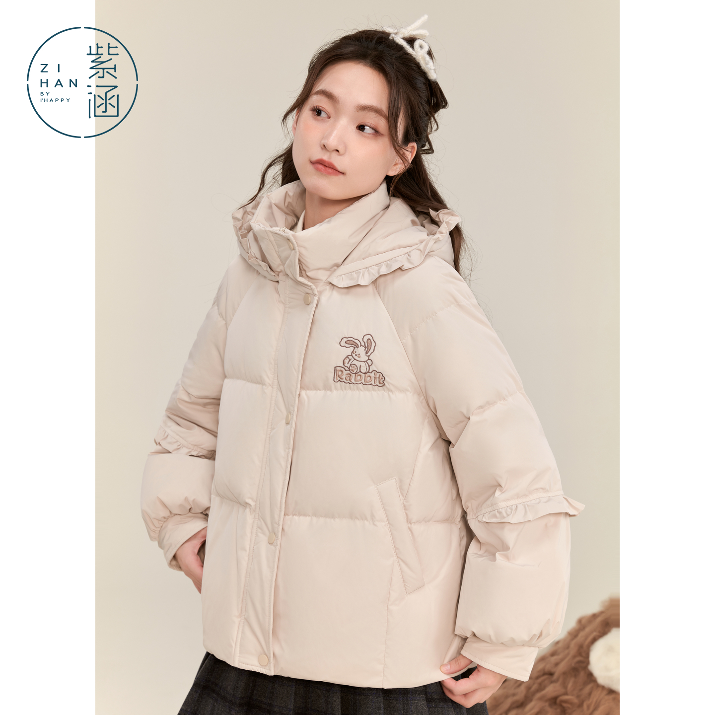 紫涵短款立领连帽羽绒服外套女冬季新款宽松通勤保暖白鸭绒面包服