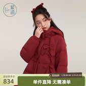 紫涵连帽宽松羽绒服女冬季 甜美蝴蝶结红色保暖休闲白鸭绒外套 新款