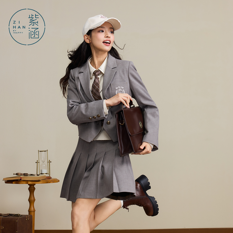 紫涵学院风西装套装裙女2025秋季新款一整套穿搭外套百褶裙两件套