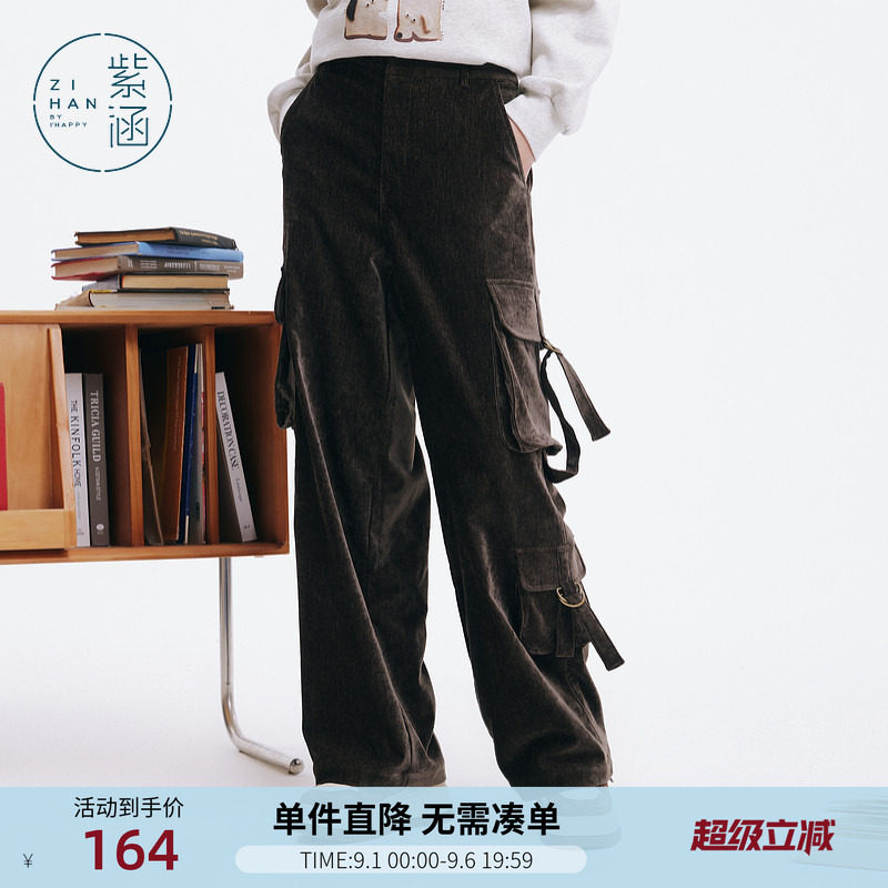 紫涵美式工装风阔腿裤女冬季新款加厚保暖宽松直筒街头休闲裤子图片