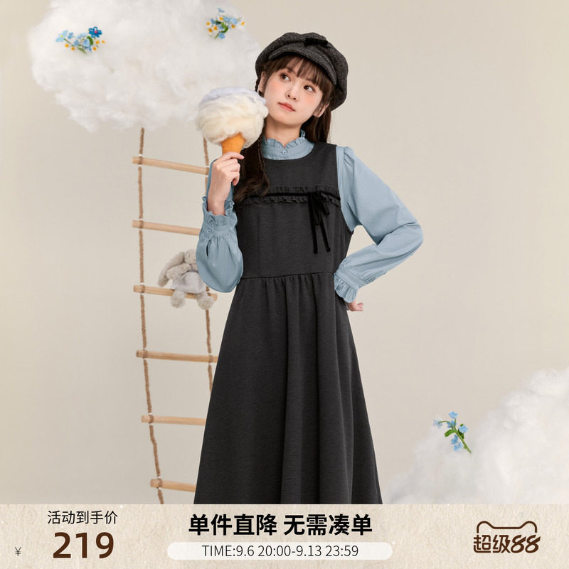 紫涵无袖背心连衣裙女冬季新款蝴蝶结甜美学院风叠穿中长款a字裙图片