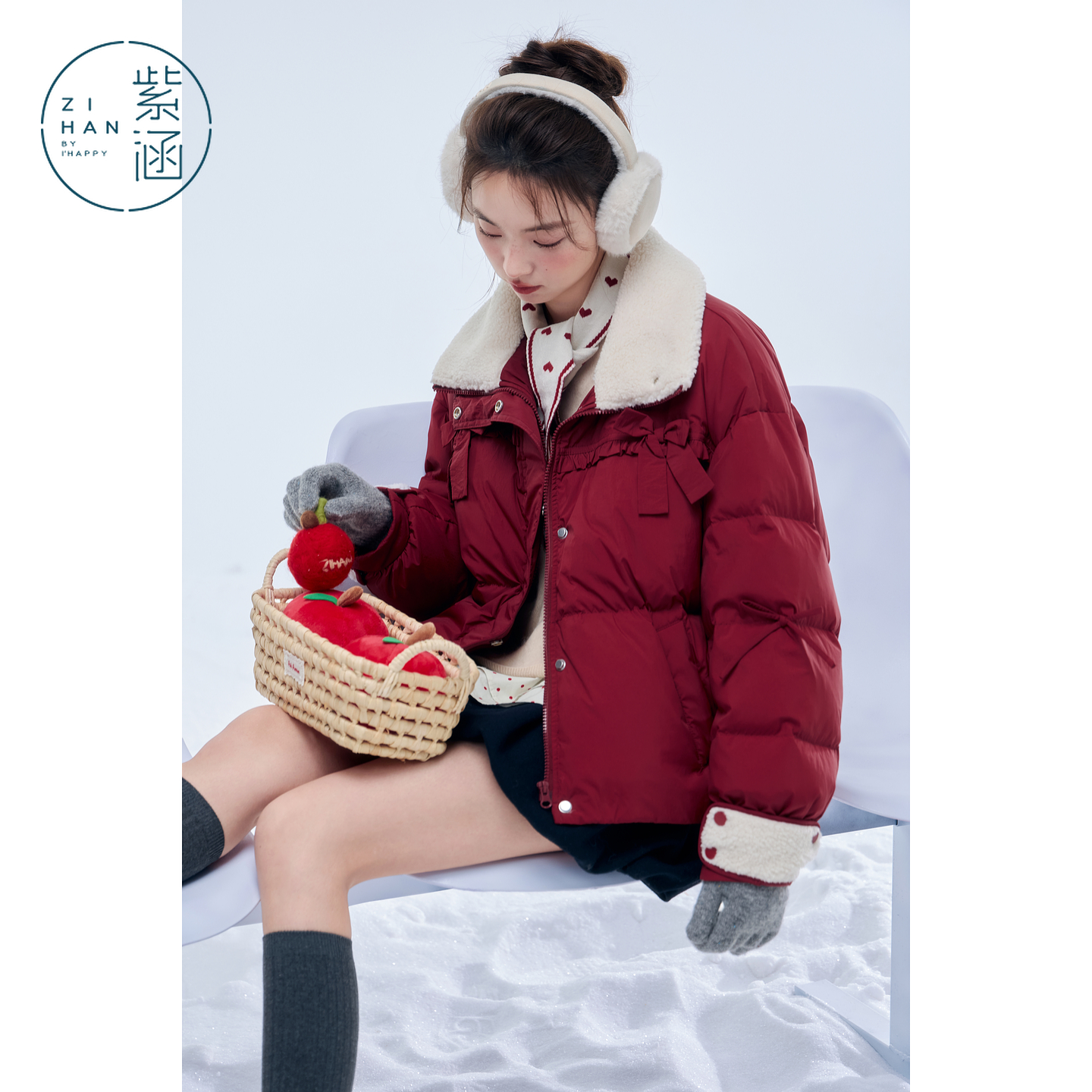 紫涵短款仿羊羔毛翻领羽绒服女2025年冬季新款蝴蝶结保暖鸭绒外套