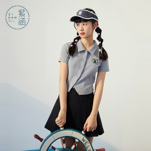 设计感学院风单排扣翻领上衣POLO衫 紫涵修身 新款 短袖 潮 T恤女夏季