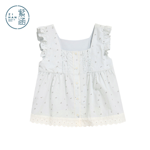 紫涵全棉碎花蕾丝花边小衫女2026年夏季新款甜美减龄方领无袖上衣