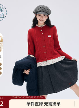 紫涵羊毛红色波点百褶裙女士冬季新款简约高腰显瘦a字五分半身裙