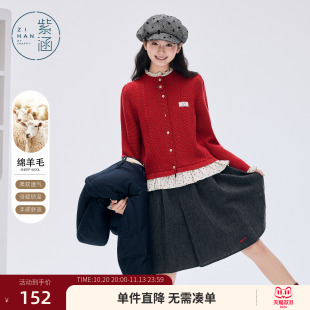紫涵羊毛红色波点百褶裙女士冬季新款简约高腰显瘦a字五分半身裙