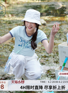 紫涵撞色字母印花蓝色T恤女士夏季新款时尚百搭短款圆领短袖上衣