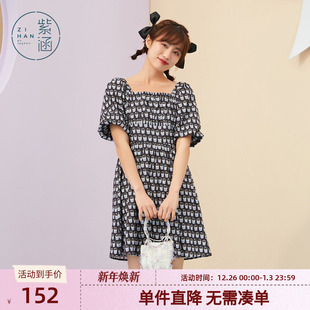 紫涵方领灯笼袖 方领清新散摆连衣裙甜美满印裙子 连衣裙森系夏新款