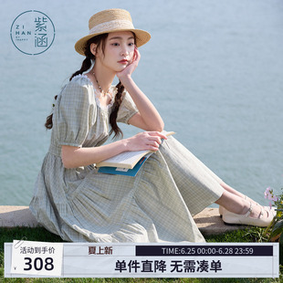 【拾光漫游】紫涵花边方领泡泡袖连衣裙夏季中长款收腰蛋糕裙长裙