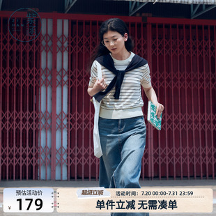 T恤百搭显瘦上衣 紫涵黑白条纹针织衫 女夏季 新款 休闲圆领套头短袖