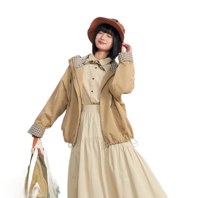 紫涵格纹撞色风衣外套女秋季新款通勤休闲一手长抽绳连帽宽松上衣